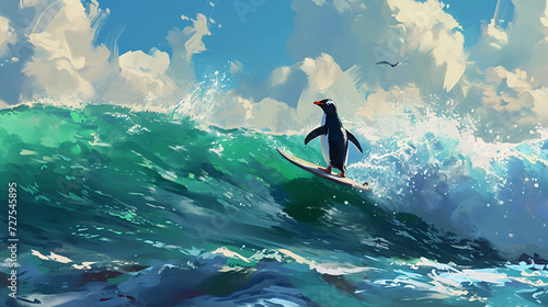penguin surfing on a board in the ocean on a background with space for text