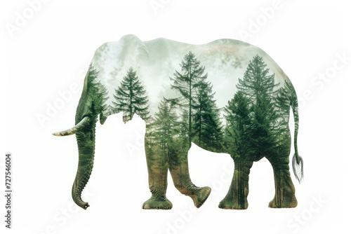 double exposure effect of an elephant walking and green jungle. World wildlife day