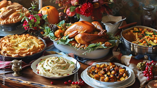 Thanksgiving flyer  turkey and dinner closeup with candles on light background