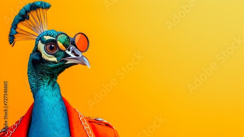 Fashionable Peacock Wearing Glasses and Orange Jacket