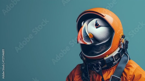Penguin in Space Suit on Blue Background