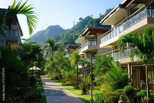 a modern hotel with big tropical garden