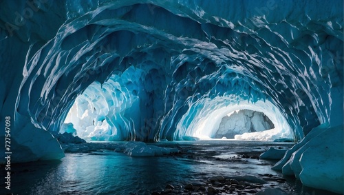 A deep  blue ice cave within a glacier  illuminated by the light from the entrance Generative AI
