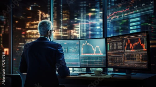 Successful businessman at work. Broker trading stocks looking at screen with charts. Forex graph, economic growth, business, finance and investment.AI Generated