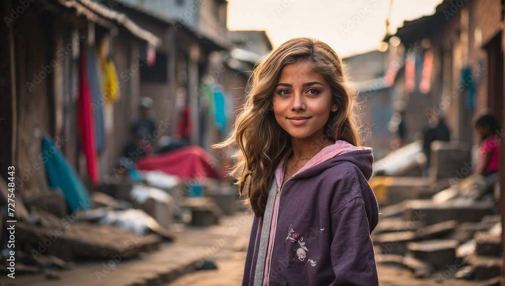 Fototapeta premium girl with a background in a slum environment