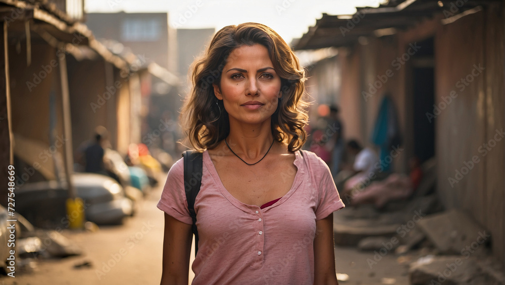 a woman with a background in a slum environment