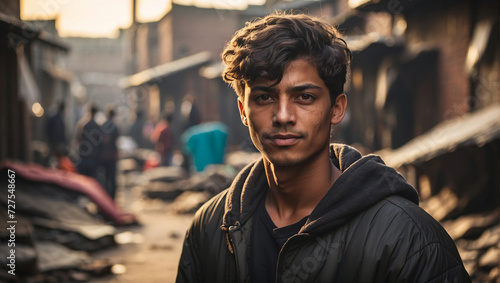 a young man with a background in a slum environment photo