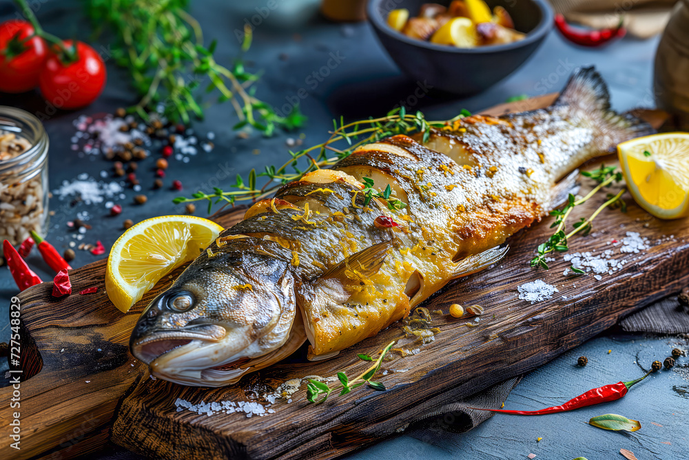 Grilled Fish sea bass with Lemon and Herbs on Wooden Board Grilled Fish sea bass with Lemon and Herbs on Wooden Board