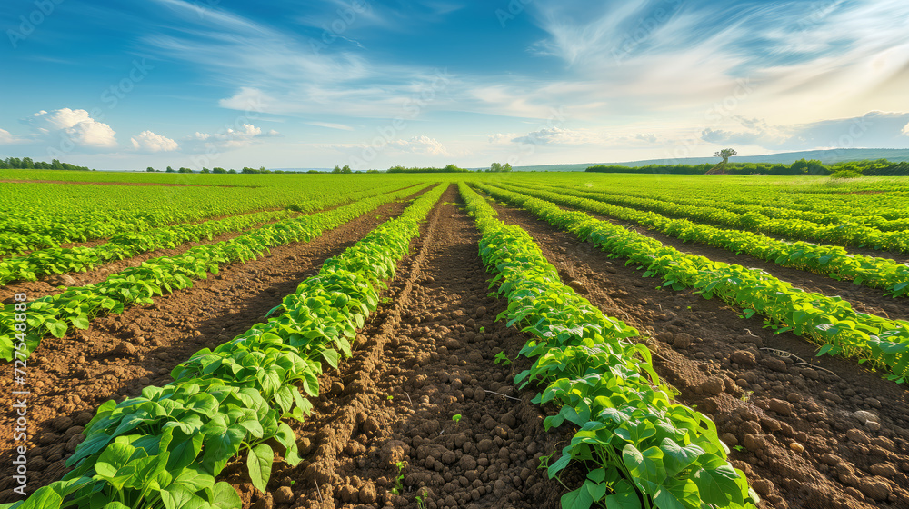 Lush Green Potato Field under a Clear Blue Sky Lush Green Potato Field under a Clear Blue Sky