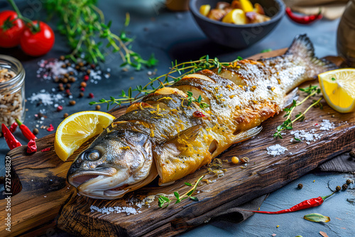 Grilled Fish sea bass with Lemon and Herbs on Wooden Board