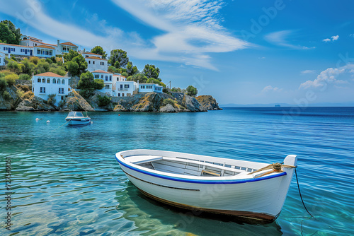 Serene Coastal View with White Boat and Mediterranean Architecture