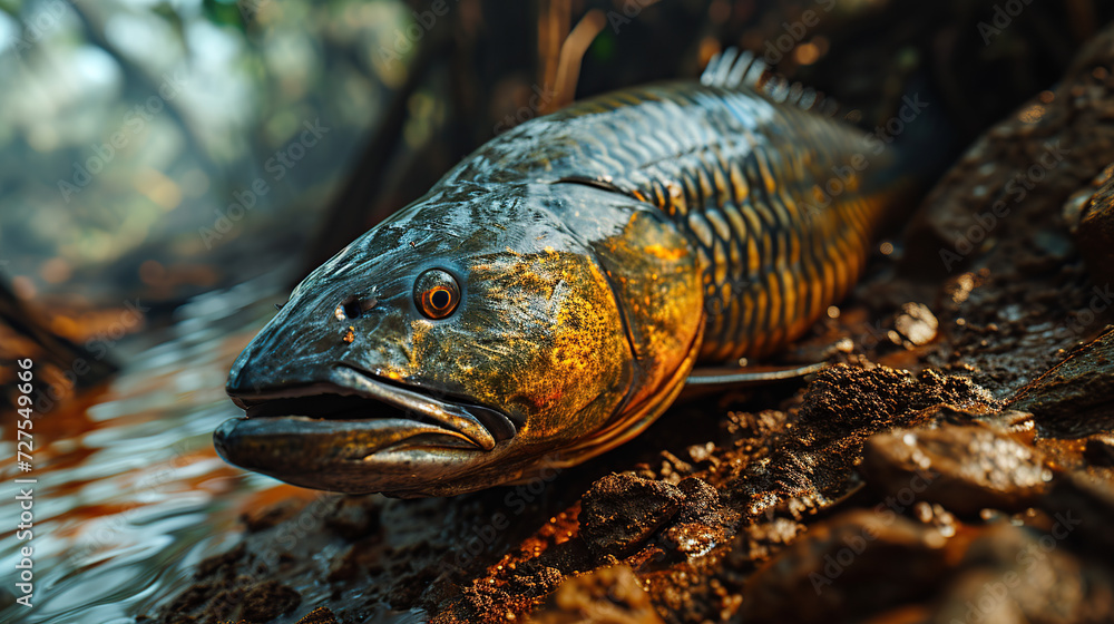 Giant Arapaima monster fish in a tropical lake during a long dry spell. Giant Arapaima monster fish in a tropical lake during a long dry spell.