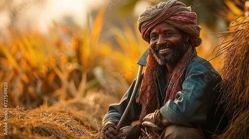 Happy Indian farmer holding sickle and crops in hand photo