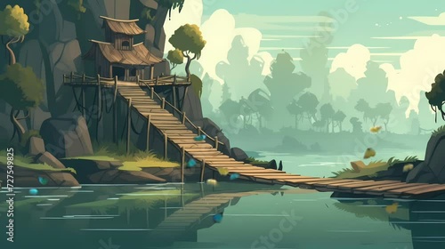 video animation video landscape cartoon  for game, sky, mountains, river, bridge, aspec ratio 19:6 photo