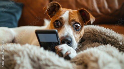 Adorable cute short hair dog holding smartphone making shocking face. Frighten or surprised dog when look at smartphone. Shock or surprise animal concept.