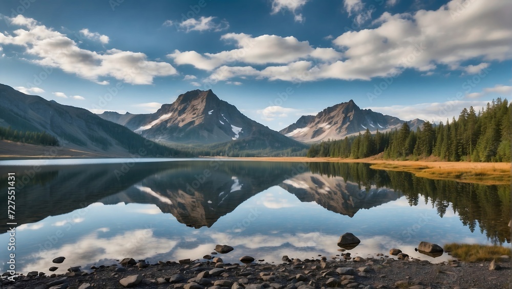Tranquil Serenity: Majestic Mountains Reflected in the Calm Waters of a Serene Lake
