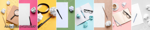 Collage of notebooks, magnifiers, crumpled papers, eyeglasses and pens on color background photo