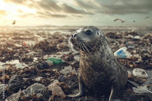 Dirty seal stands among garbage and plastic trash. Environmental pollution, toxic emissions into water, oil pollution © Kien