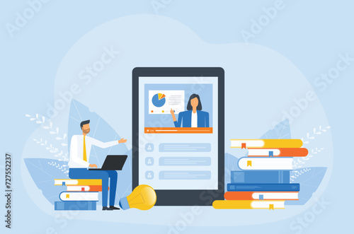 Vector illustration design online education and E-learning at home. with People business team Use technology for meeting conferences. design for Webinar, online video training, and business coaching 