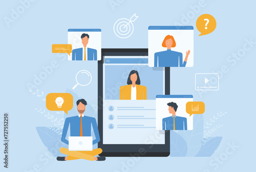 business smart working with online video conference meeting concept with  business people team working from anywhere with internet wireless technology connection. flat vector illustration design 