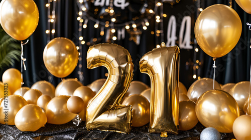 coming of age banner, golden balloons with the number twenty one on a dark background with space for text