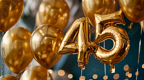 birthday banner, golden balloons with number forty five photo