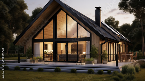 Scandinavian style architecture home exterior design, wood house with glass windows surrounded by trees 