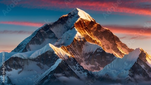 view of Mount Everest, with its snow-capped peak reaching towards the sky