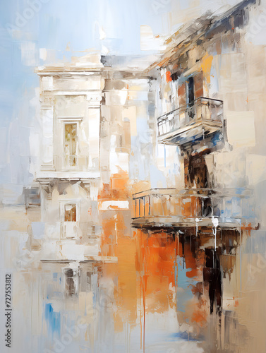 Abstract architectural composition. Oil painting in impressionism style.