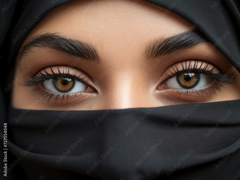 Portrait of an Arab woman in niqab with only eyes visible looking at camera