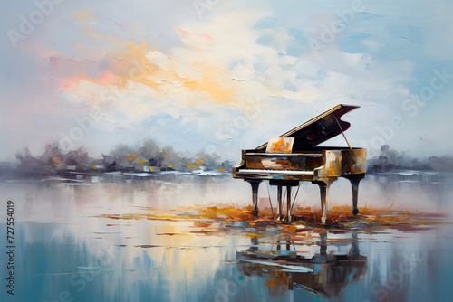 Celestial piano. Oil painting in impressionism style.