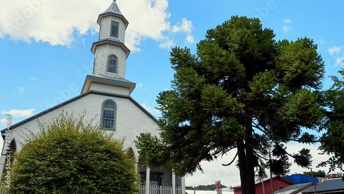 Close shot Front of Church of Our Lady of Sorrows of Dalcahue in Chiloé Chile photo