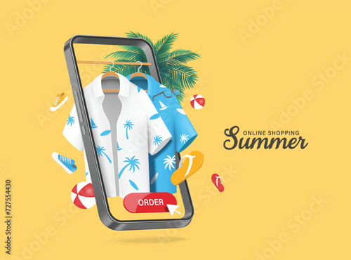 Online shopping summer season, coconut tree pattern shirt or white and blue Hawaiian shirt hangs from a wooden rack in smartphone and a customer presses order button below, vector 3d isolated