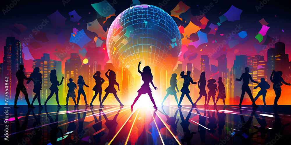Silhouette of crowd in discotheque with disco light pop art graphic, Vibrant vector graphics of disco dancers groovy and retro | Silhouette of crowd in discotheque with disco light pop art graphic, Vibrant vector graphics of disco dancers groovy and retro |