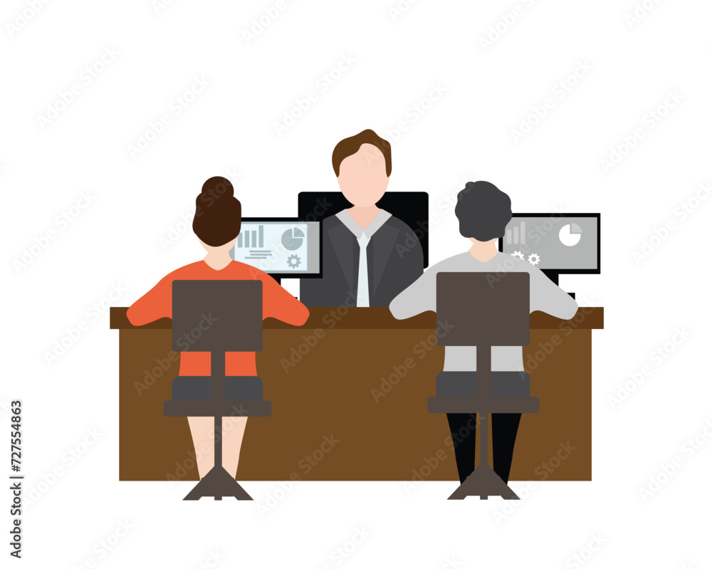 Meeting in office for grow up business with colleague and team members. Business people analytics and monitoring marketing report chart dashboard. flat vector illustration. Meeting in office for grow up business with colleague and team members. Business people analytics and monitoring marketing report chart dashboard. flat vector illustration.