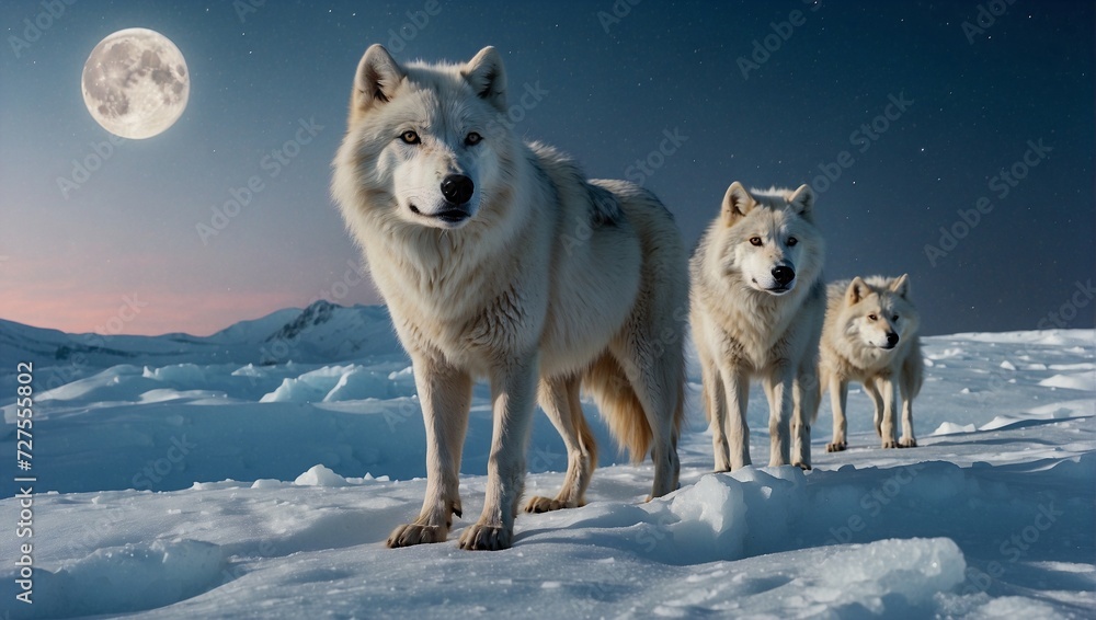 Fototapeta premium A pack of arctic wolves wandering across a snowy glacier landscape under a full moon Generative AI