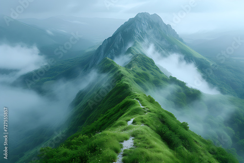 Green mountain peaks, misty and beautiful valleys in the morning, rolling hills.