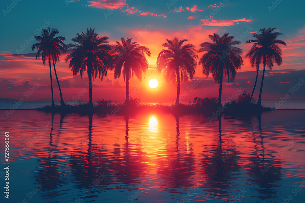 Palm trees in the desert with sunset background, stunning color landscape style.