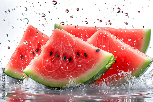 Watermelon slices with water splashes, blank background, advertising.