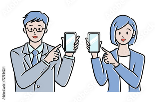 スマホを指差す男女のビジネスパーソンイラスト素材	