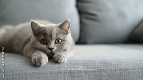 A young cute cat is resting on the sofa. Space for your text.
