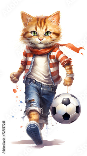 running anthropomorphic cat as a soccerplayer, distant fullbody on soccer land