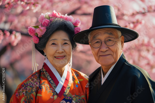 portrait of Korean senior couple in traditional costume, cherry blossom background