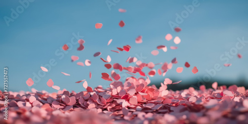 Valentine's day background with falling pink paper hearts confetti. Love concept. Abstract background for Valentine's day, Romantic, Wedding, Birthday greeting card, banner, invitation design