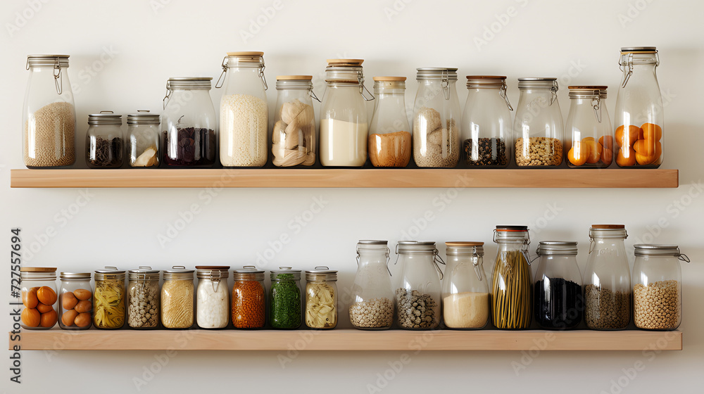 Various jars on wooden shelves. Various jars on wooden shelves.