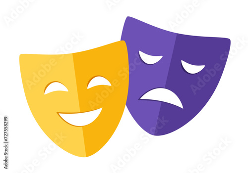 Theater masks. Comic and tragic mask icons. Happy and unhappy traditional symbol of theater. Funny and sad theater masks.