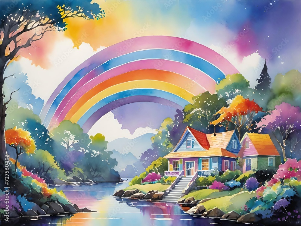 Colorful painting showcasing a landscape with a cozy cottage nestled by a lake, surrounded by lush greenery and blooming flowers. A radiant rainbow arches gracefully in the sky. Generative AI.