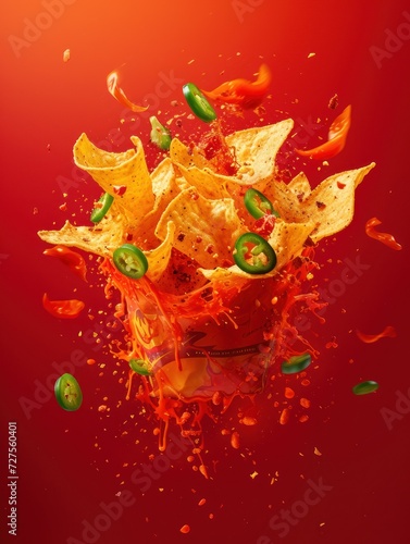 spicy nacho chip splash in red bag on red background.