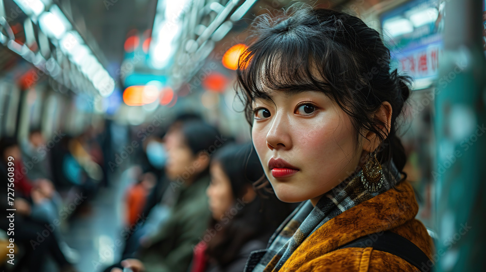 Many passengers on the subway, public transportation in the city. Asian people go to work by public transport. Many passengers on the subway, public transportation in the city. Asian people go to work by public transport.