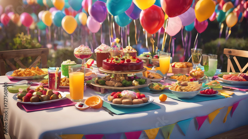 A photo of a colorful party table with a variety of food and drinks. The table is set up in a festive manner, with balloons and streamers. There are people in the background having a good time.